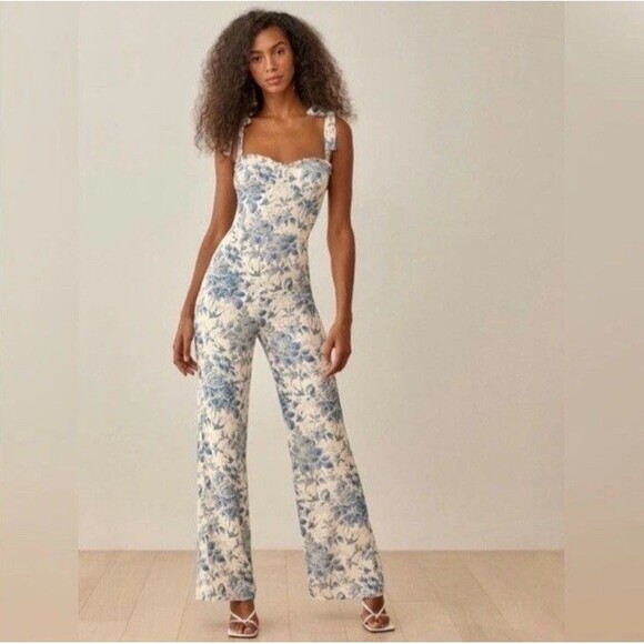Reformation Alfred Floral Jumpsuit Pompadour Print Women’s Sz 6 Blue White NWT - Picture 1 of 16